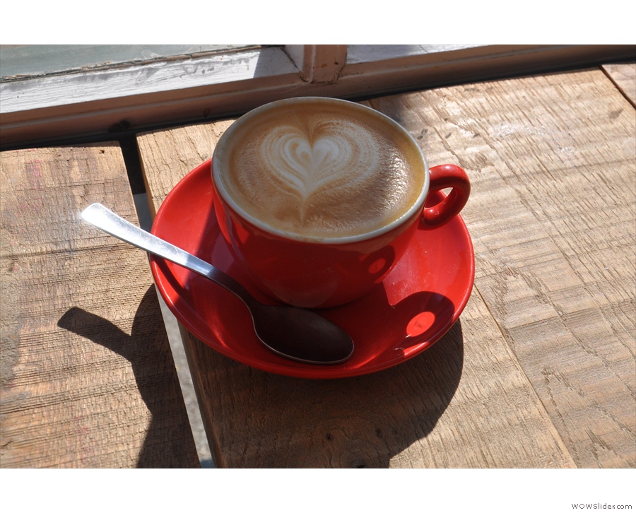 This was mine, by the way, a flat white of the house blend, basking in the morning sun.