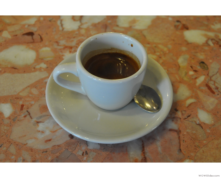 My espresso, in a classic, white cup.