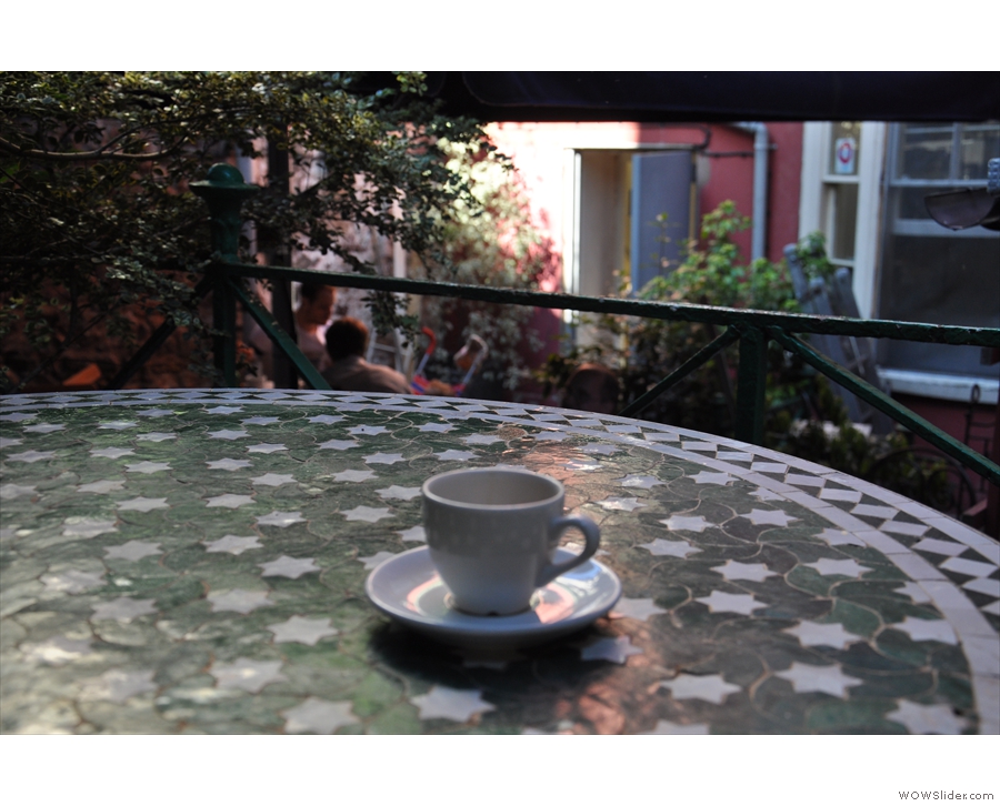 An espresso's eye-view of the terrace at the back of the Boston Tea Party.