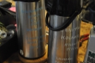 The filter coffee is bulk-brewed and stored in these handily-annotated flasks.