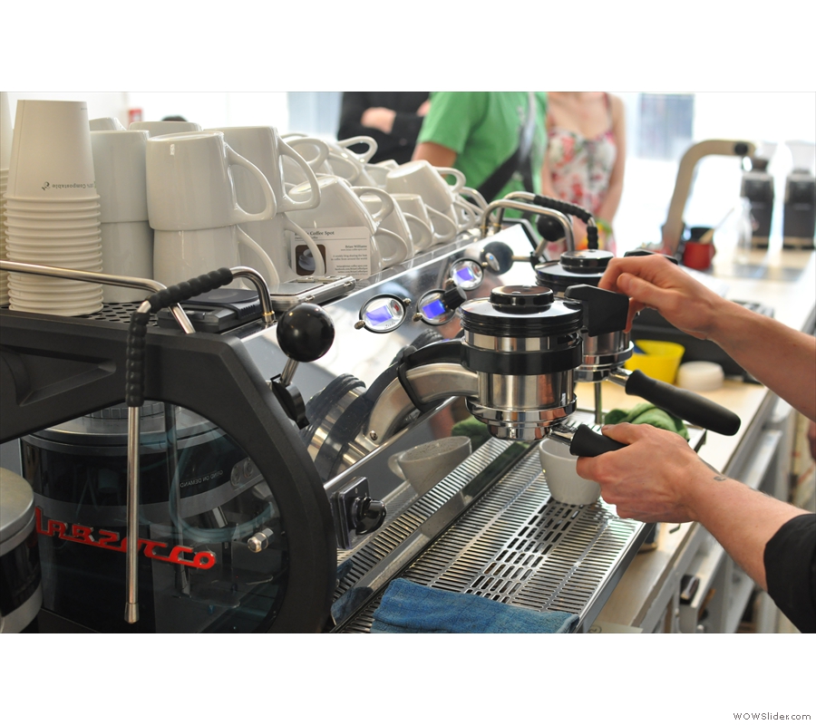 Next the portafiller is fitted to the La Marzocco and we're ready to go.