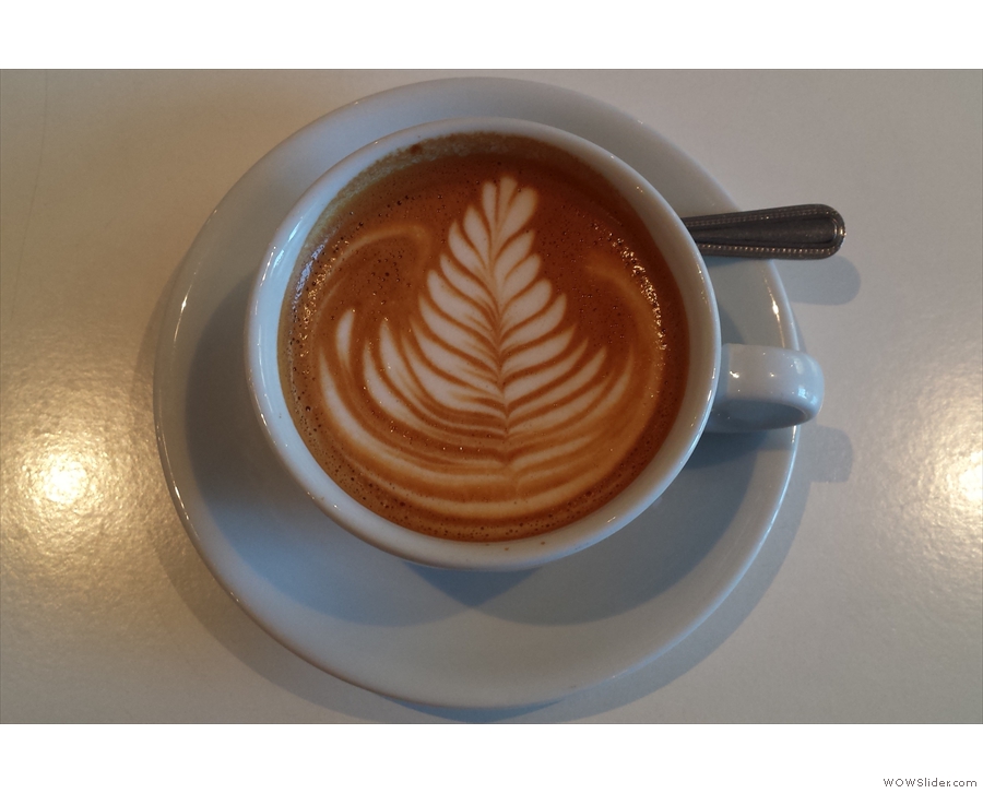 The 'instagram shot' shows off the latte-art to its best effect. I make that 14 leaves.