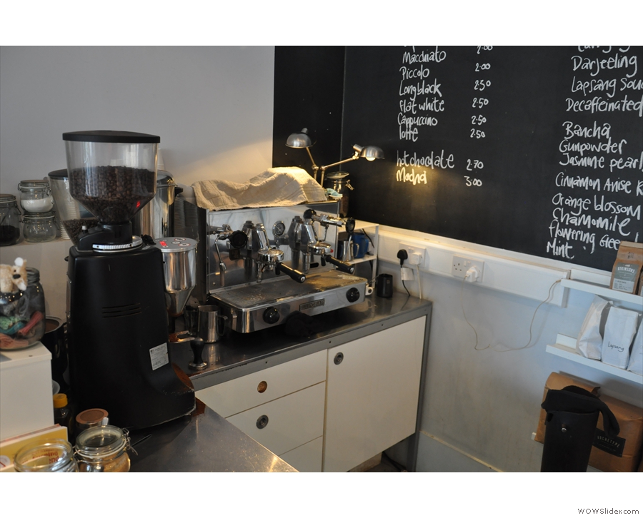 The heart of the coffee side of Stag Espresso is at the far end of the counter.