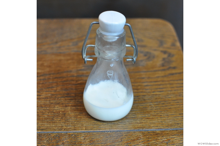 The milk comes in little flasks. How cool is that?
