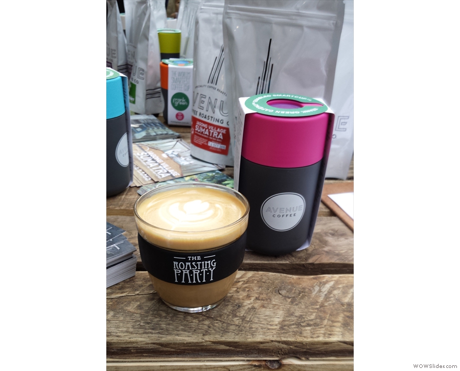 My first coffee of the day! In a subplot, KeepCup and Frank Green square off on the stand...