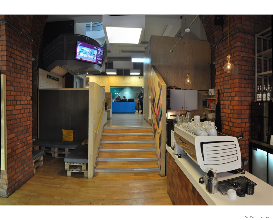 There are stairs at the back: although not technically Grindsmith up there, you can go up.
