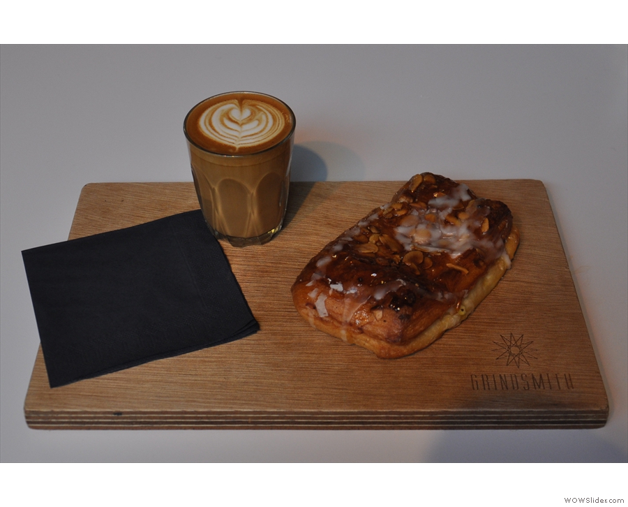 Finally, my flat white and Apple Danish, both beautifully presented on a Grindsmith tray.