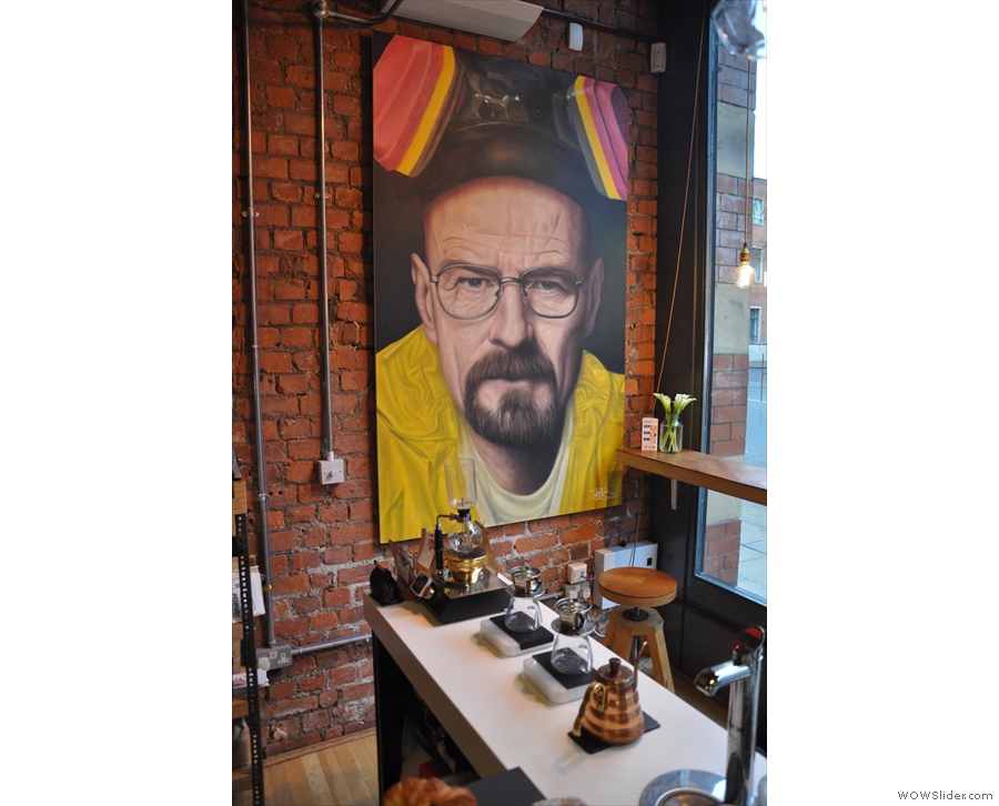 Breaking Bad: a free-sprayed painting hangs in the corner, fittingly overlooking the brew-bar.