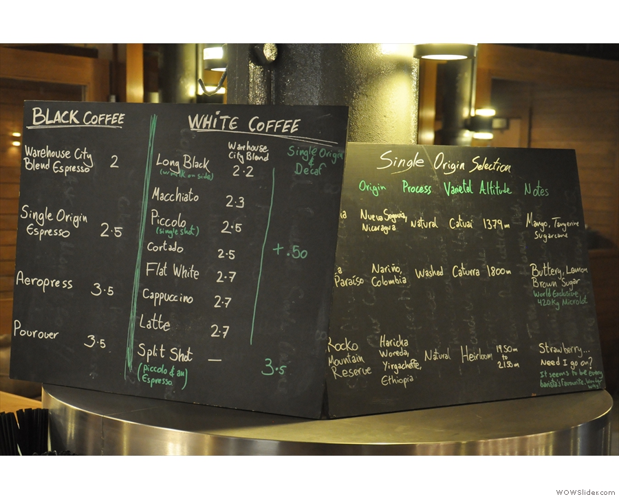 The coffee menu, meanwhile, is chalked up on these boards on the corner of the counter.