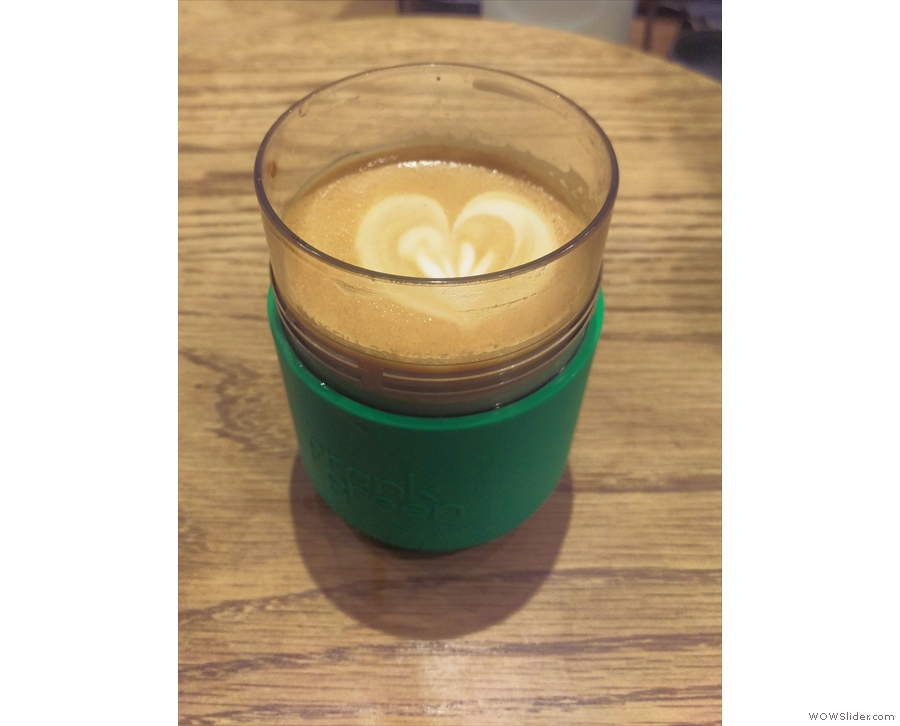 In December, I took my Frank Green Smart Cup for a flat white. Look! Latte art!