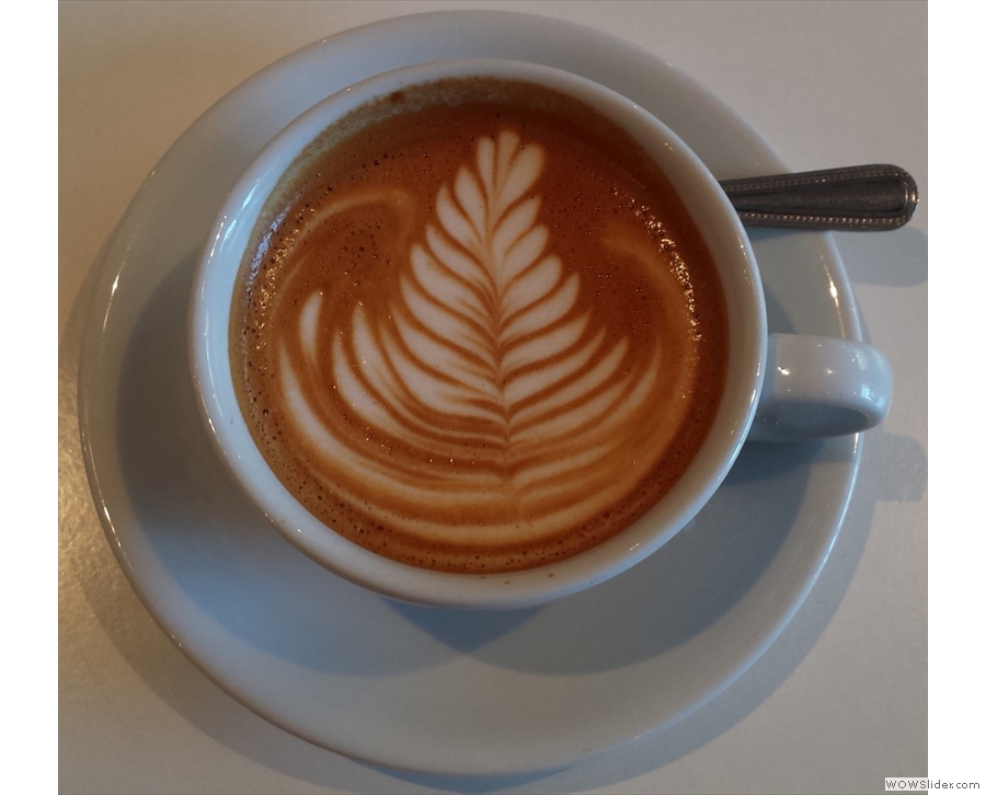 A flat white in Dovecot, speciality coffee in an Edinburgh art gallery, by Stag Espresso.
