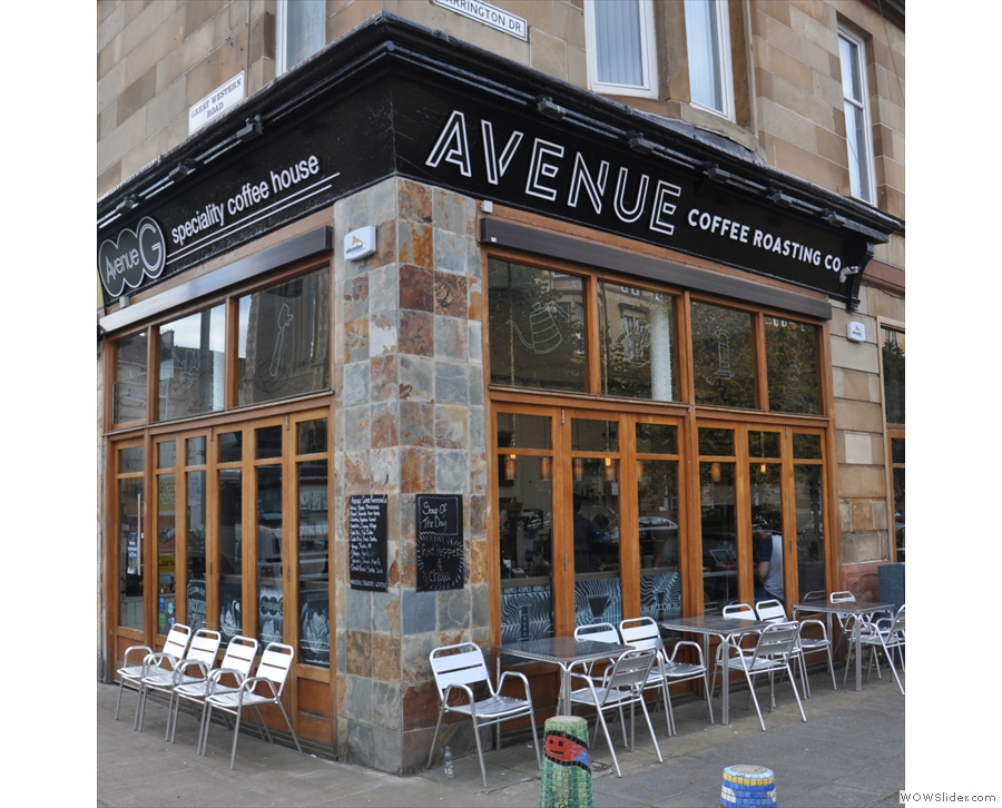 Avenue Coffee, Great Western Road, bright, spacious and decked out in stone and wood.