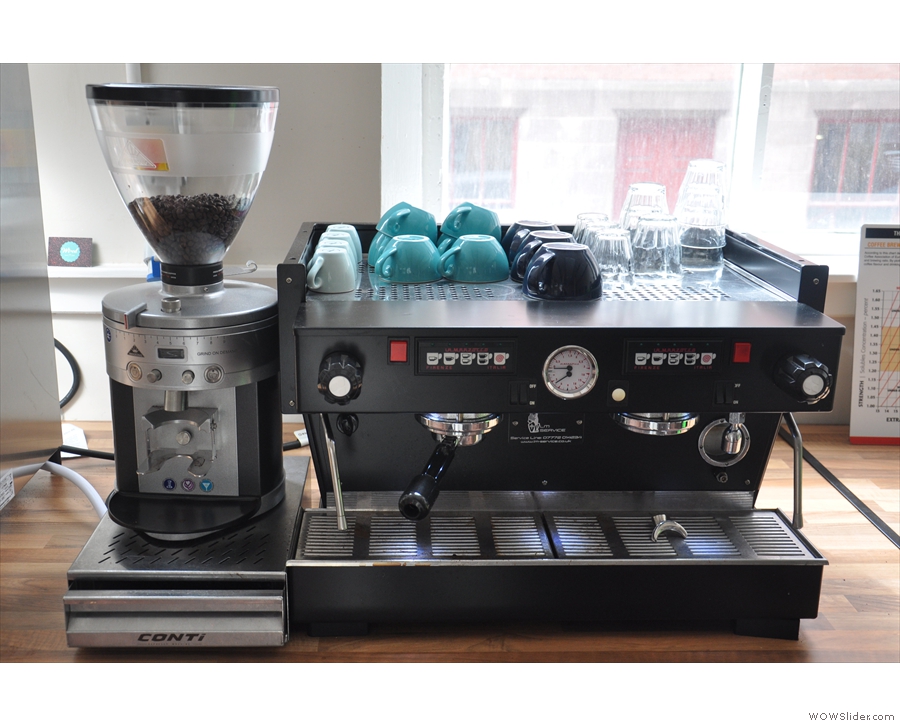 For espresso, there's this La Marzocco, the workhorse of many of a coffee shop...