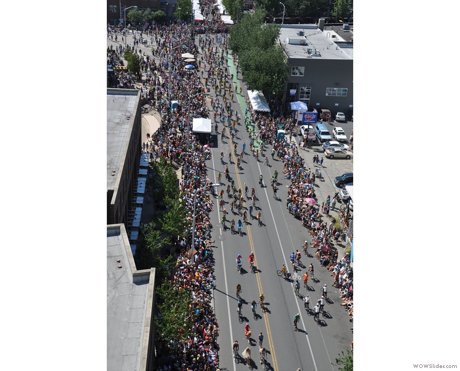 By the time I had reached the Fremont side of the bridge, the cycle parade was underway.