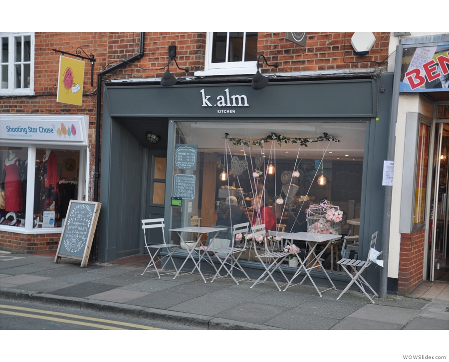 The Kalm Kitchen Cafe on Guildford's Tunsgate, now with tables outside on the pavement.