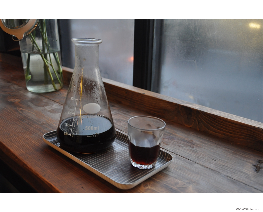 I like my coffee served in a carafe (or in this case, beaker). Here it is in the cup (well, glass).