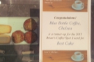 I was heading to Blue Bottle's Chelsea branch to present the 'Best Cake' Award certificate.