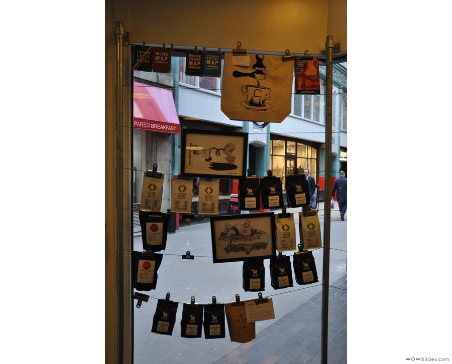 You can also buy bags of coffee, which hang in the window to the left of the door.
