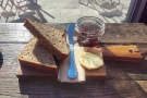 I had toast for breakfast. On a wooden platter (sorry, plate-liking friends).
