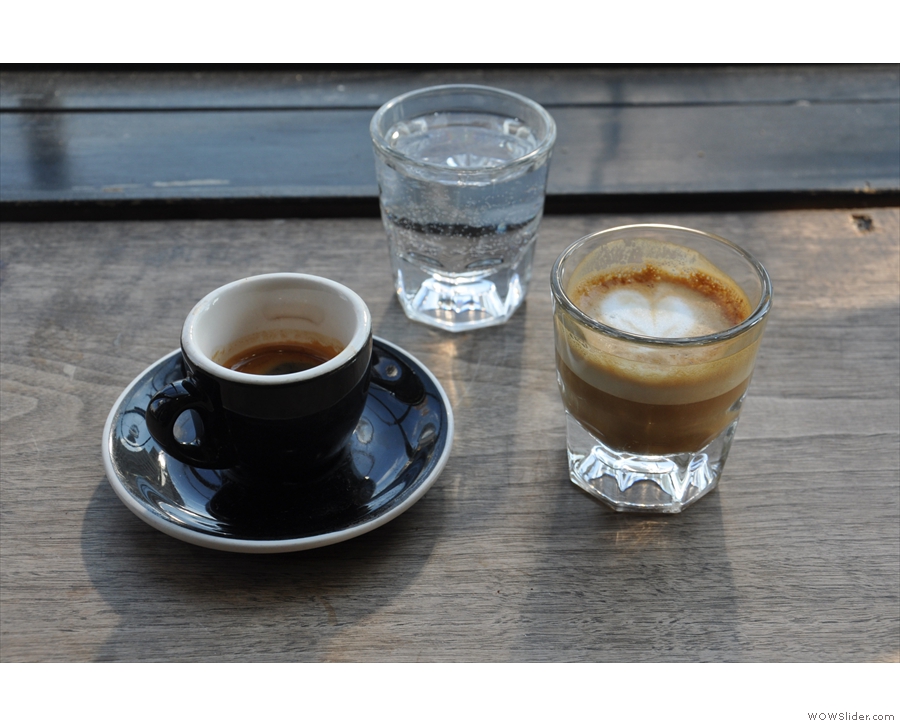 I had a split shot: single espresso & cortado, with a glass of sparkling water, naturally.