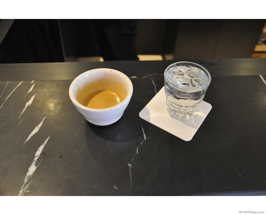 I had this lovely espresso from Kuma Coffee in Seattle. Cool cup, excellent presentation.