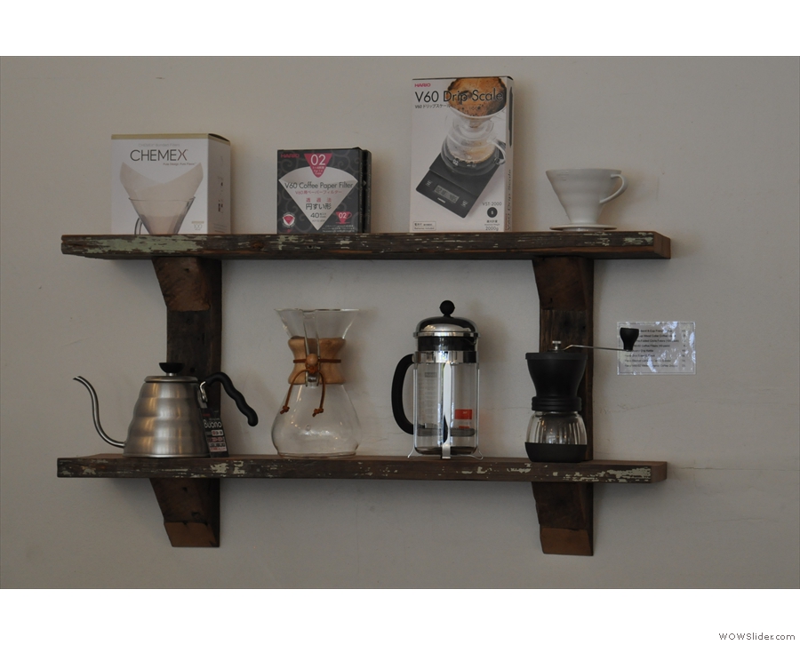 What a neat shelf of coffee-making kit (all for sale).