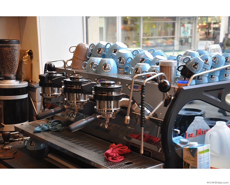 The business end of The Crazy Fox, Part II: a three-group La Marzocco Strada.