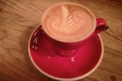 A decaf flat white from January, looking slightly blurry in the subdued late evening light...