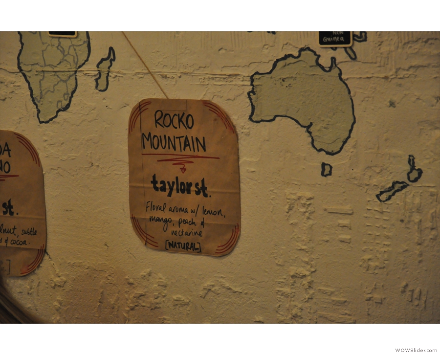 Each coffee is a single-origin, with its location marked on the map, along with tasting notes.