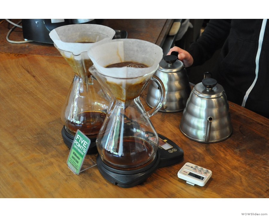 ... Five Points pre-prepares a couple of Chemex at a time using the filter of the day.