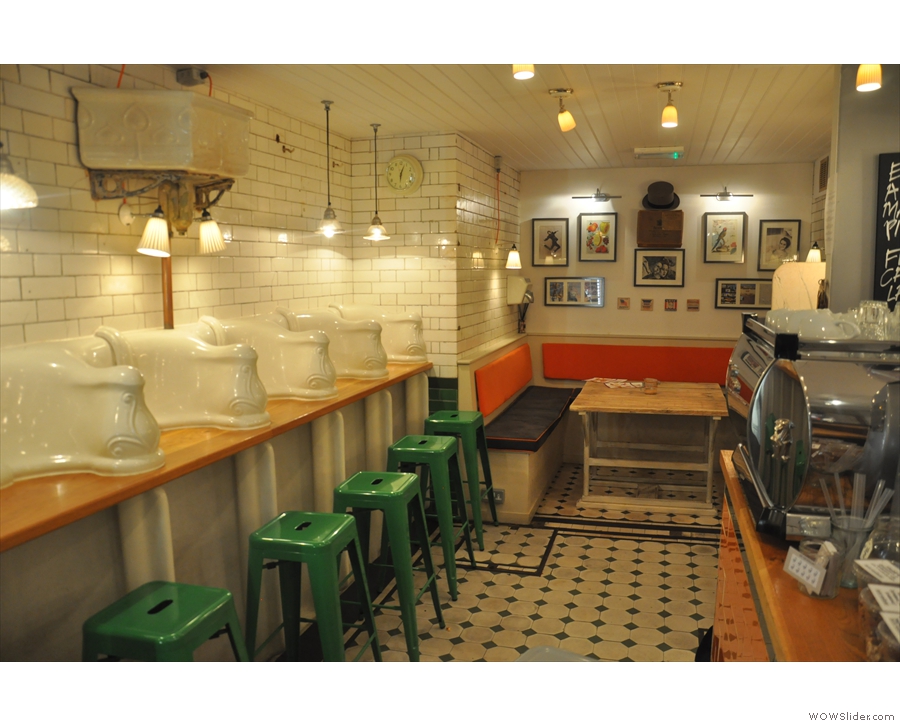 The main part of Attendant; urinals to the left, stalls (now the counter) to the right and the washbasins (now a table) at the end.
