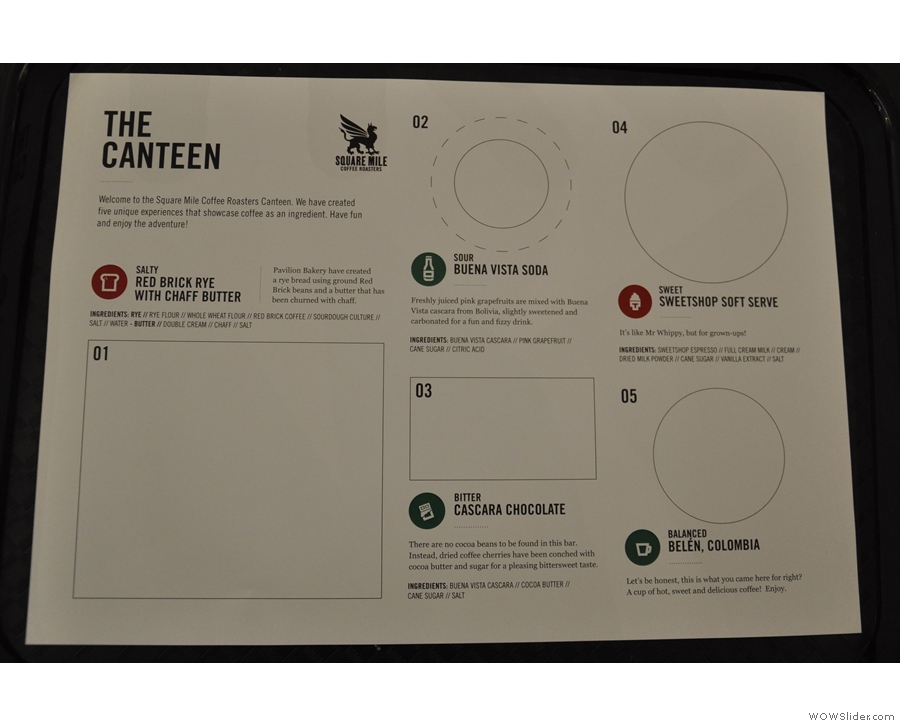 Each person gets a tray, with a insert explaining the five stations.