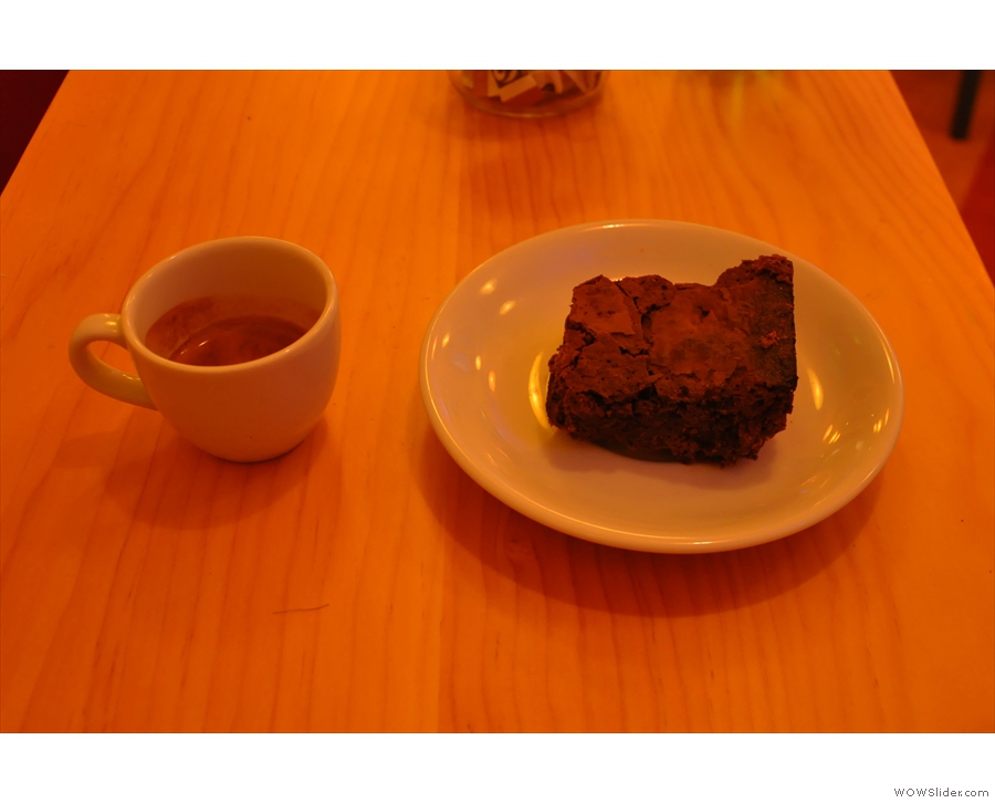 A very poor picture of my very good espresso and delicious brownie.